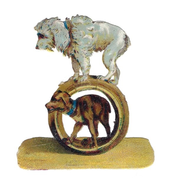 1888 RARE Chromo, TRICK CIRCUS DOGS , Antique Victorian Die-Cut Scrap, 2.5 1888 RARE Chromo, TRICK CIRCUS DOGS , Antique Victorian Die-Cut Scrap, 2.5