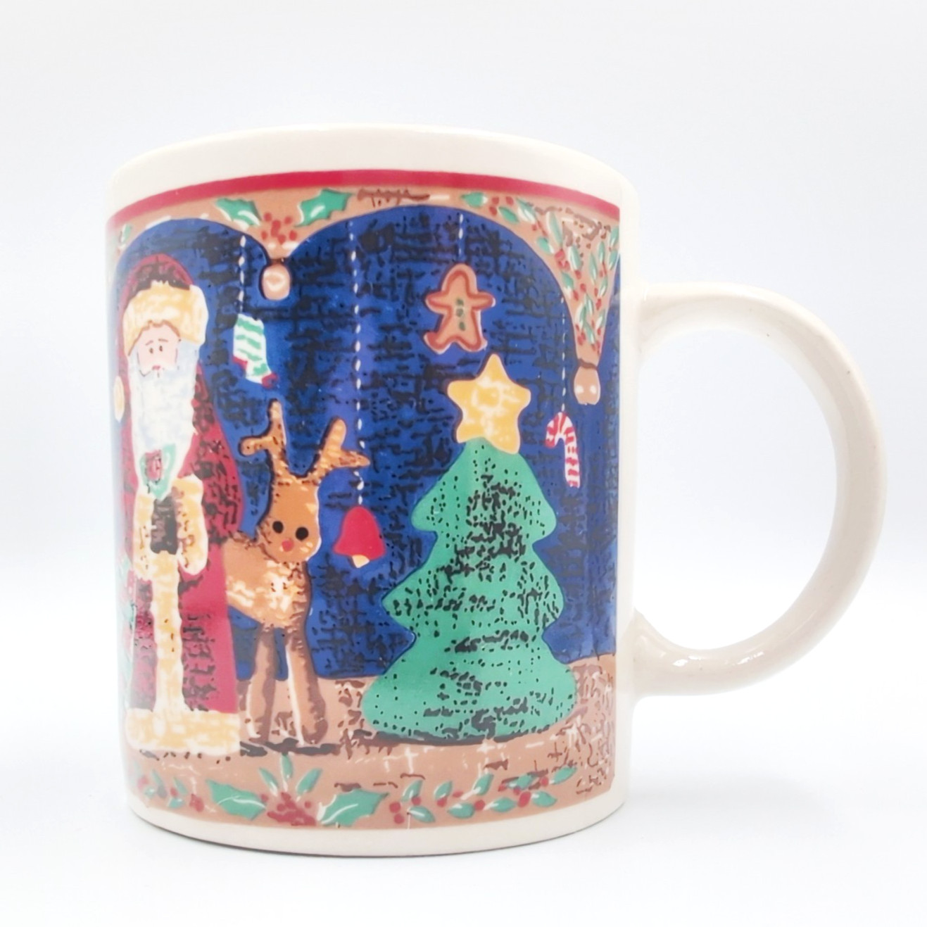 Vintage Gibson Christmas Mug Santa Reindeer Tree Folk Art Ceramic Coffee Cup Blu