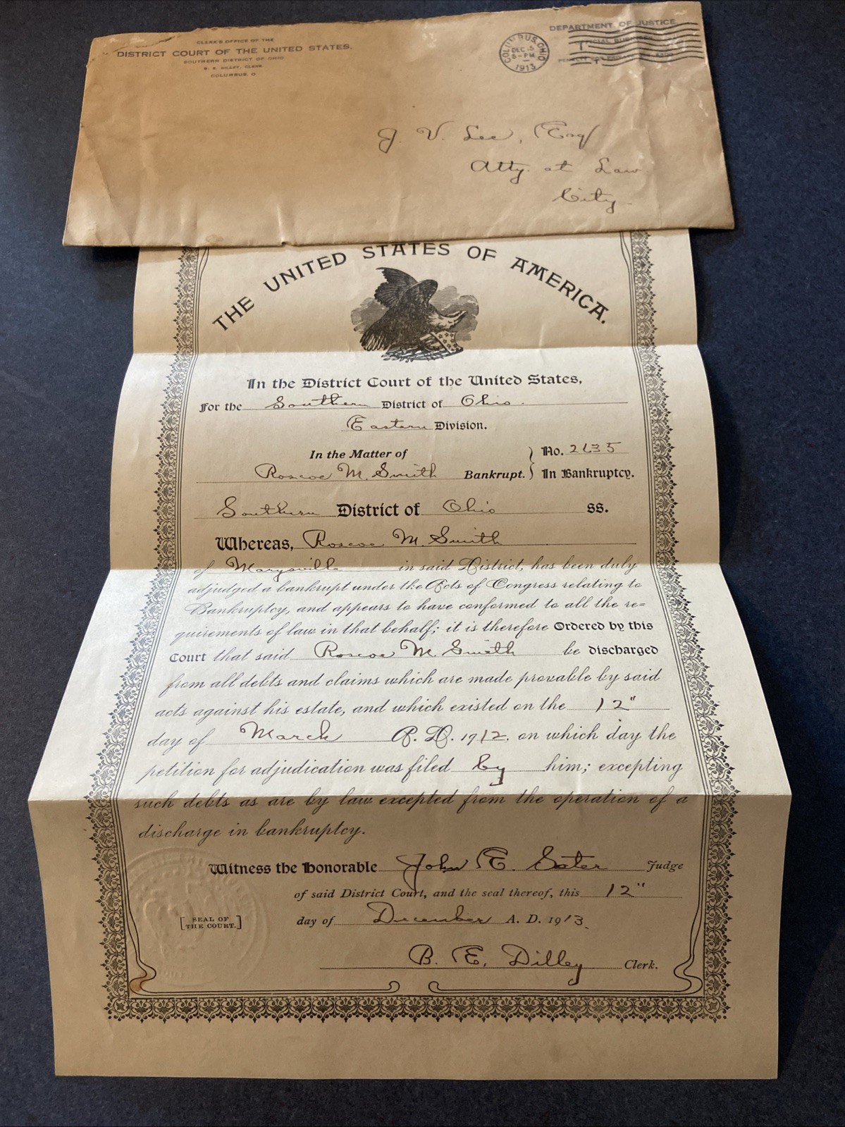 1913 U.S. District Court Bankruptcy Discharge Ohio w Seal & Envelope 1913 U.S. District Court Bankruptcy Discharge Ohio w Seal & Envelope