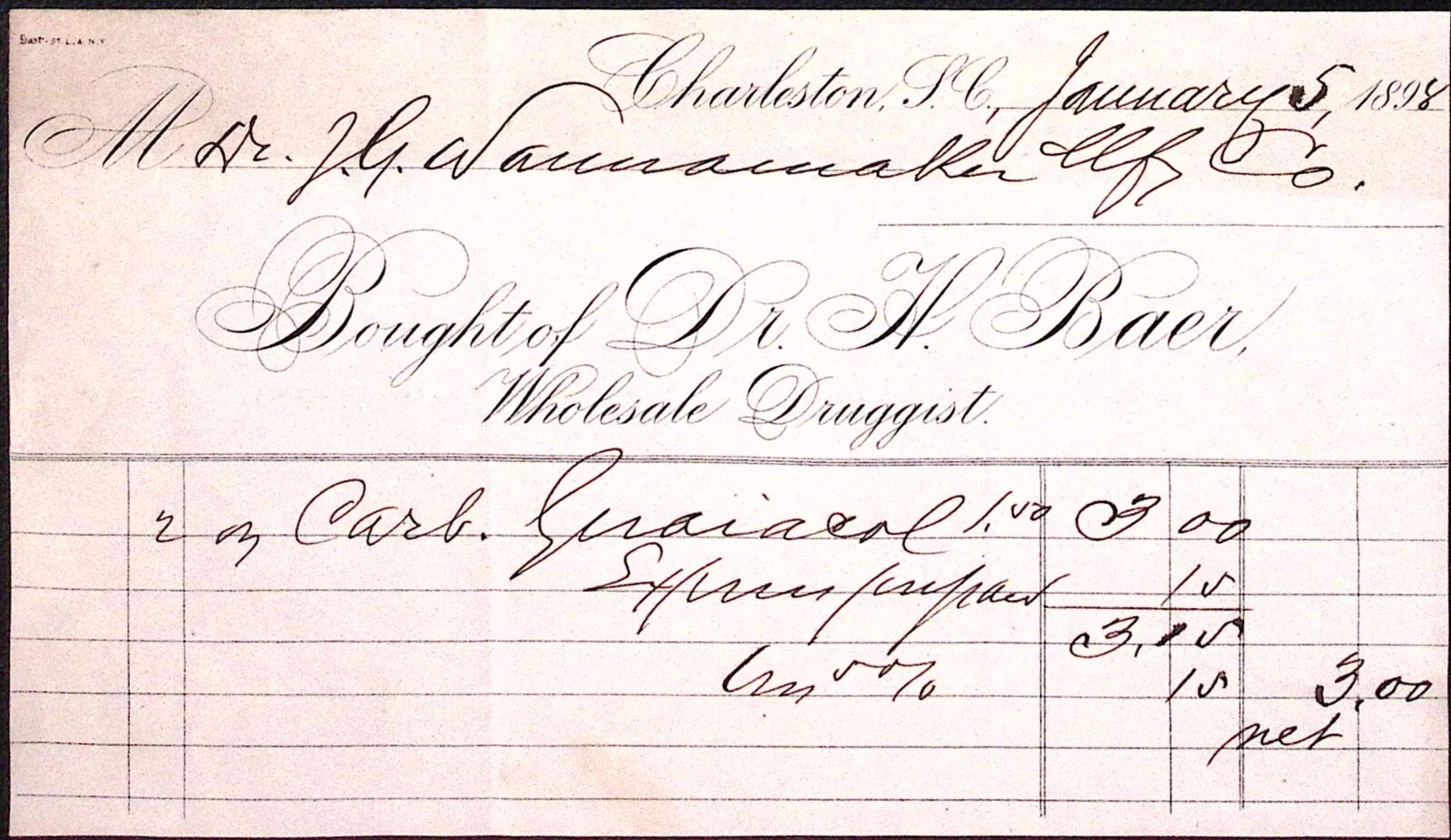 1898 Dr. H. Barr Wholesale Druggist Charleston SC Billhead 4.75\