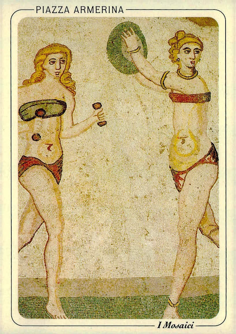 c1960s Villa Romana del Casale Bikini Girls Mosaic Postcard Gym Detail 10 c1960s Villa Romana del Casale Bikini Girls Mosaic Postcard Gym Detail 10
