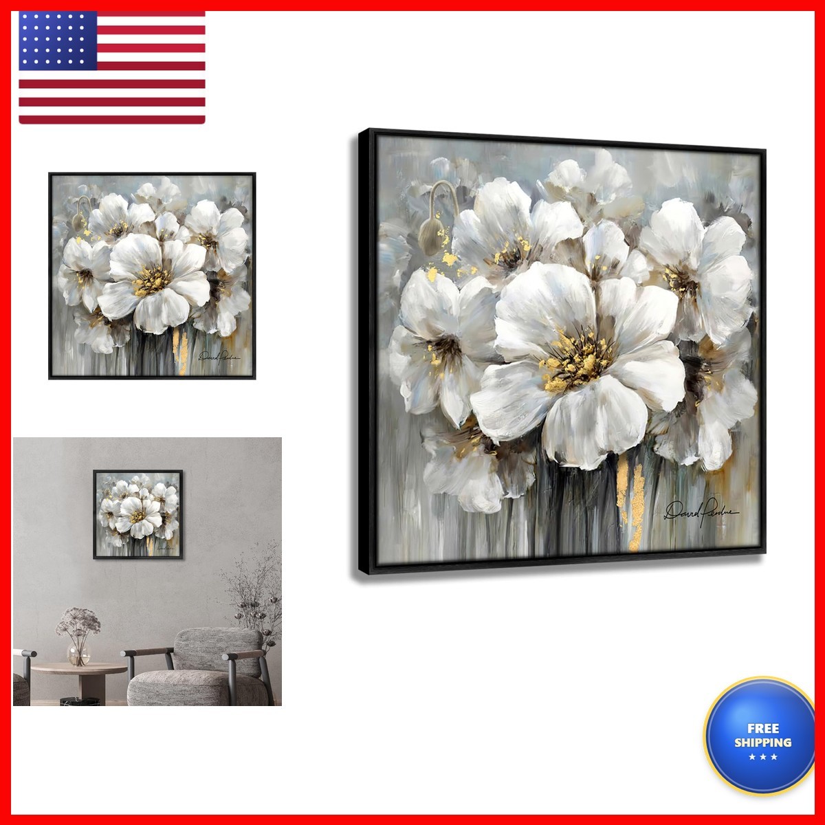 Woxfcart Framed Flowers Canvas Wall Art White Floral Gold 30x30 Inch Woxfcart Framed Flowers Canvas Wall Art White Floral Gold 30x30 Inch