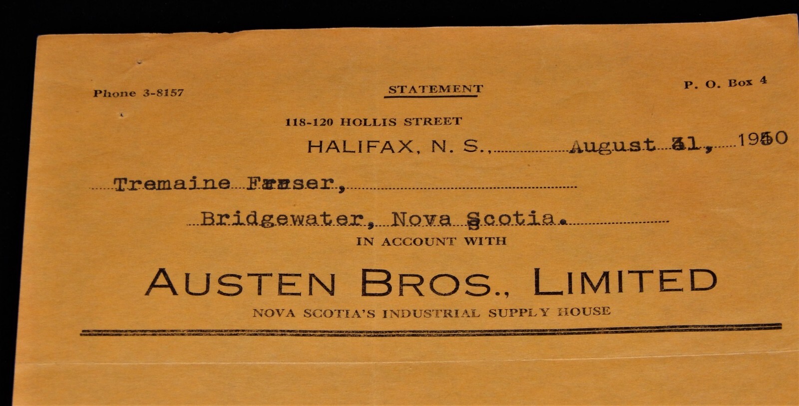 Vintage Receipt, HALIFAX, NS, CANADA,1950, AUSTIN BROTHERS LTD,Industrial Supply