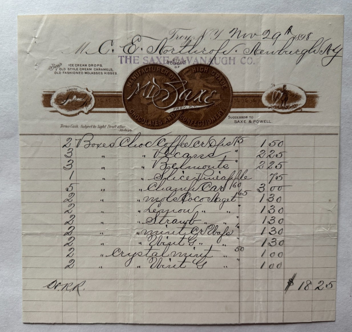 Vintage 1898 Billhead Troy New York Saxe Cavanaugh Co Chocolates & Confectionery