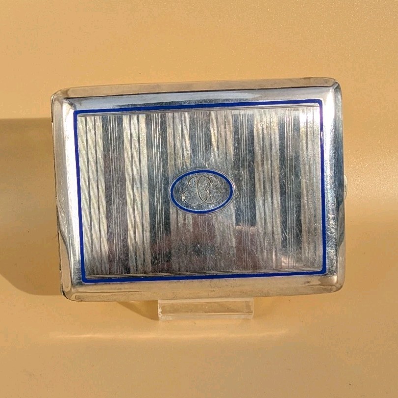 Antique Art Deco Cigarette Case - Silver Metal, Blue Enamel, Monogram - 1930