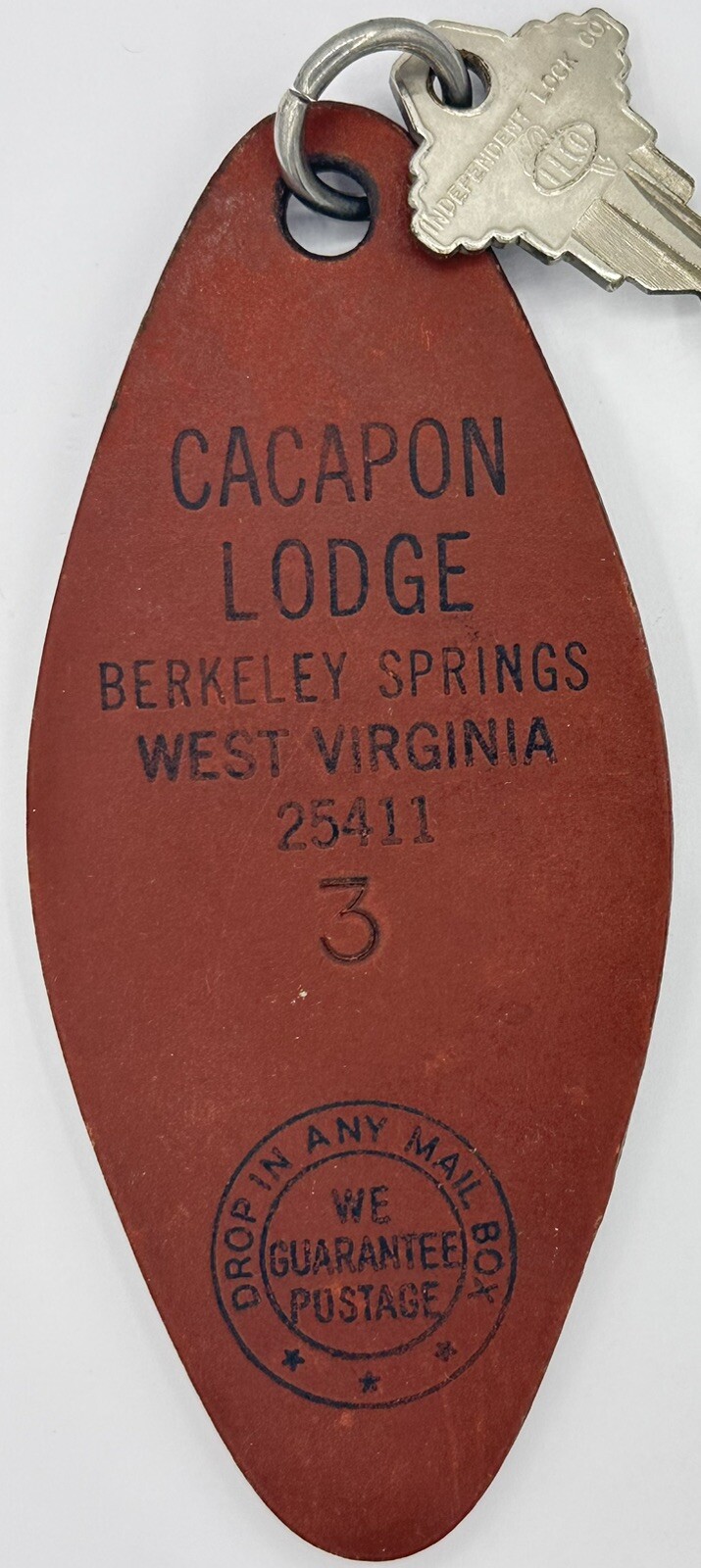 1940’s Cacapon Lodge Berkeley Springs, West Virginia 25411 Hotel Room Key #3 Fob