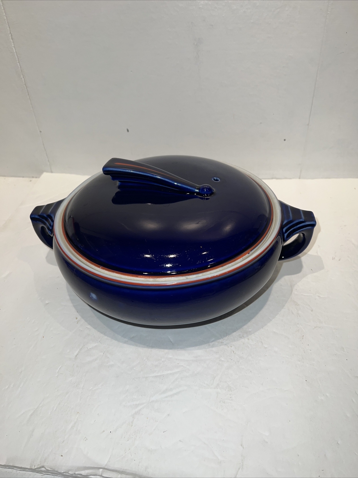 Art Deco Hall Pottery Sundial Vintage Casserole Dish w/ Lid Cobalt Blue See Pics