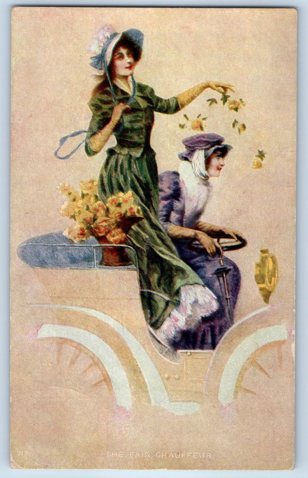 c1910\'s The Fair Chauffeur Pretty Women Driving Car With Flowers Postcard c1910\'s The Fair Chauffeur Pretty Women Driving Car With Flowers Postcard
