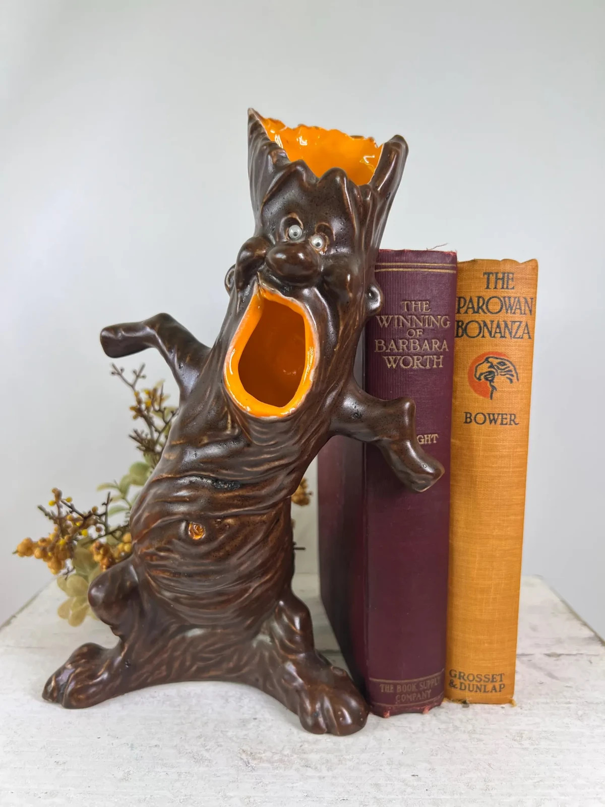  Vintage Anthropomorphic Ceramic Hollow Tree Bud Vase Figurine Hallowen 1970\'s