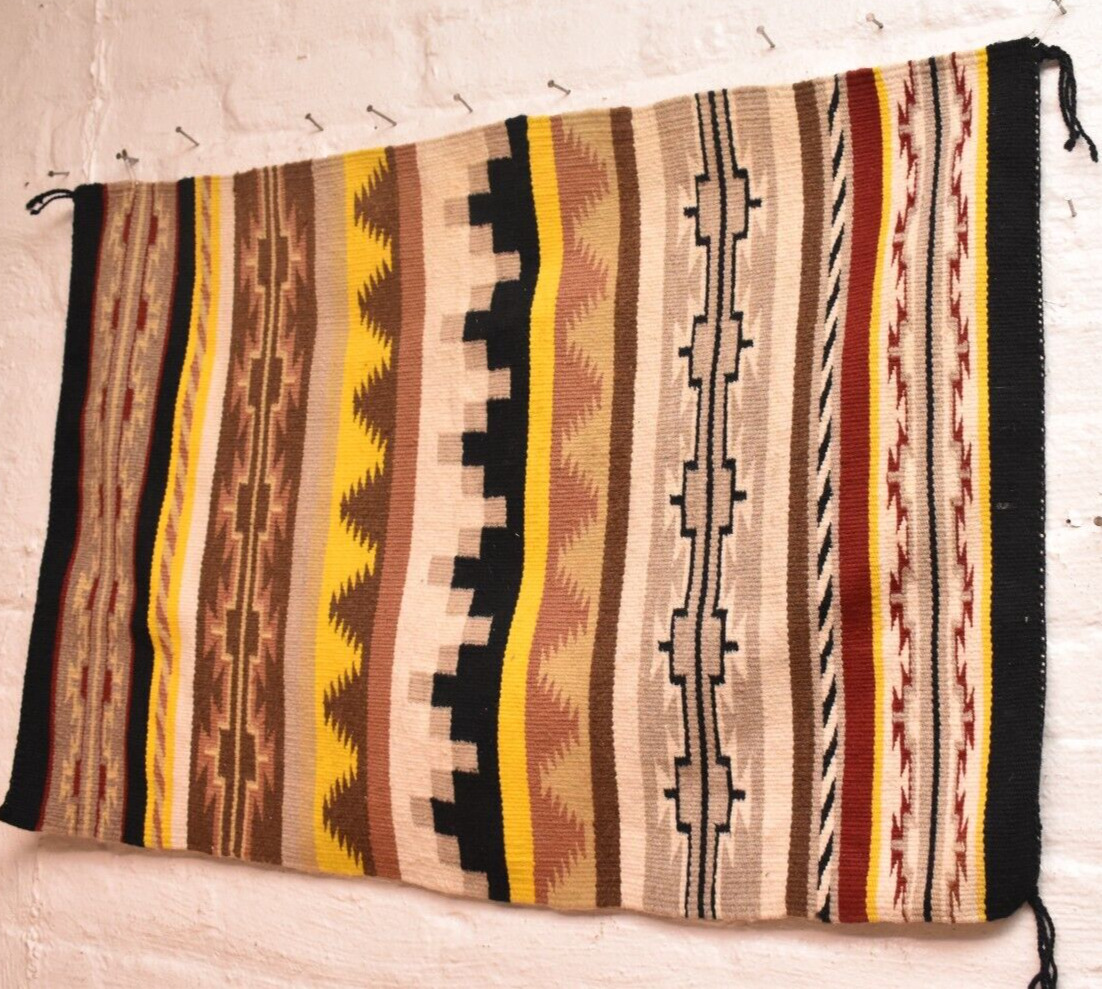 ATQ Navajo Rug Native American Indian Weaving 35x24 Textile VTG Geometric Stripe