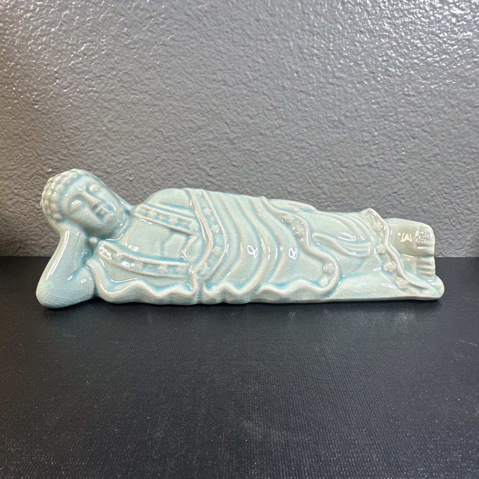 Vintage Reclining Buddha Statue Crackle Glazed 12 X3.5 Nice Piece