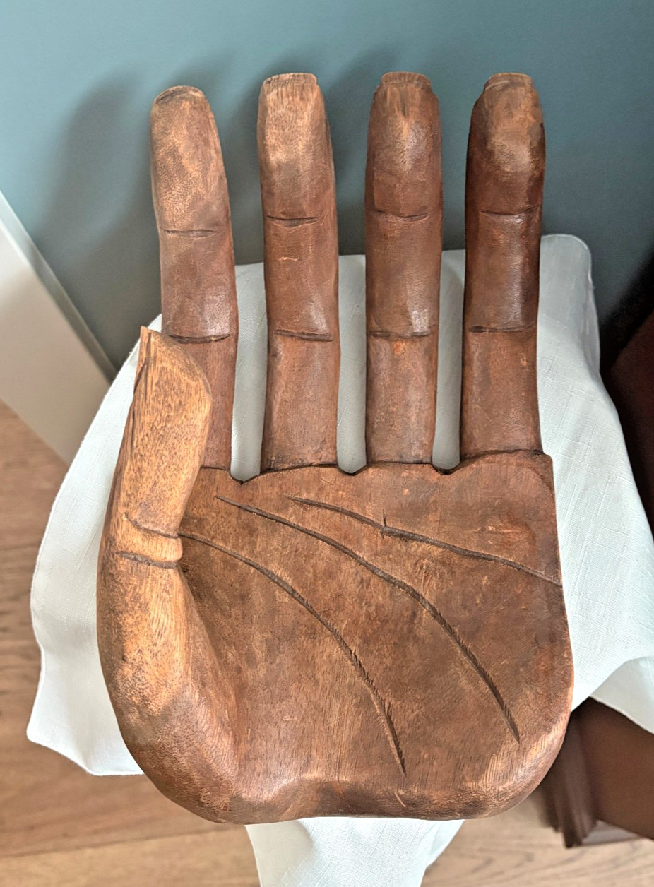 Large Vintage Wooden Carved Human Left Hand Sculpture Bowl Tray 8\