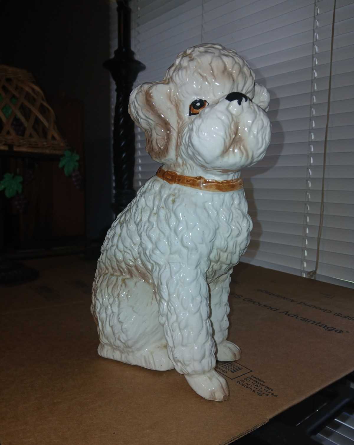 White Ceramic Poodle Dog Figurine Statue with Brown Collar, Dog Breed Poodle
