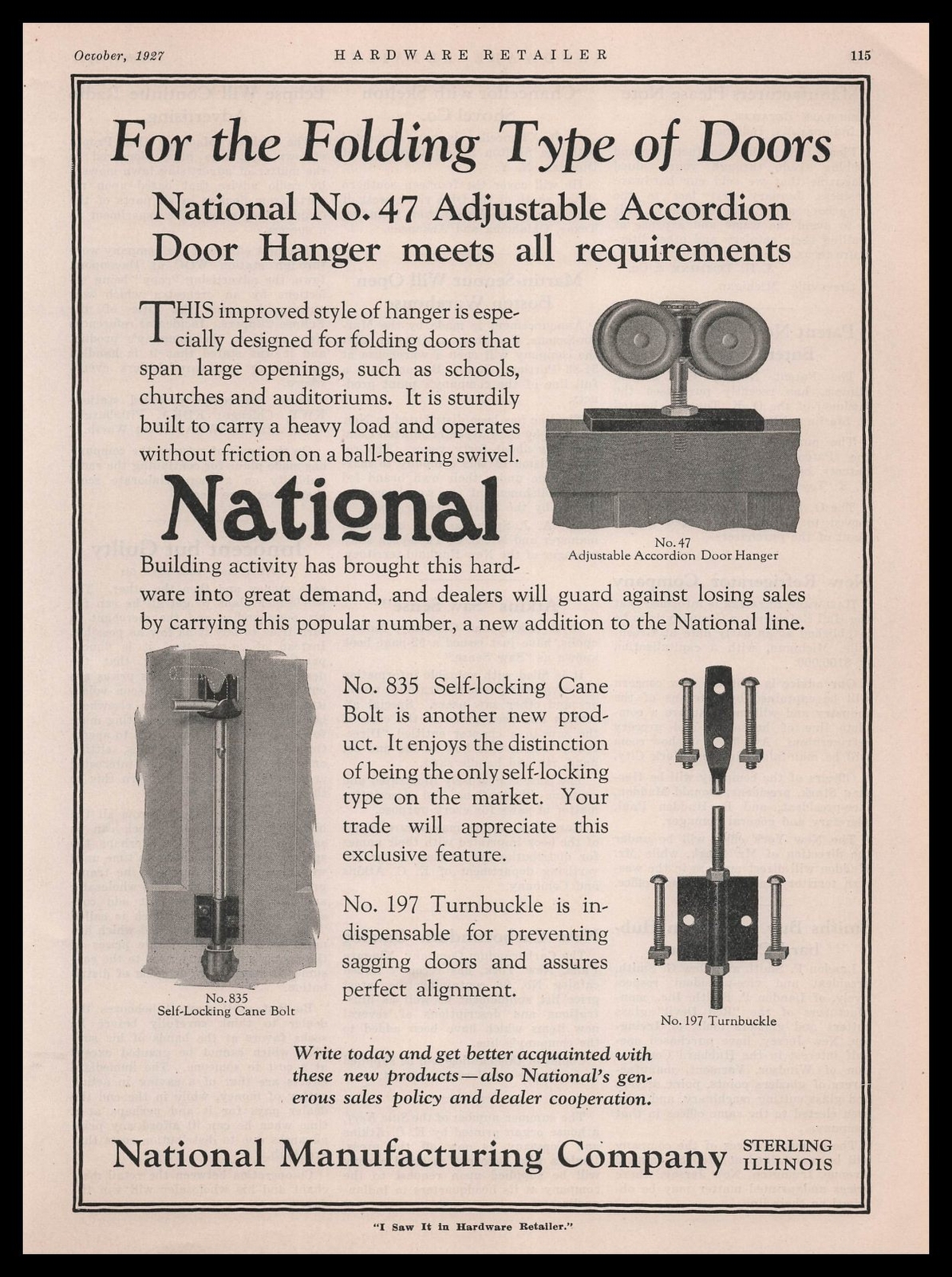 1927 National Sterling IL Accordian Door Hangers Cane Bolts Turnbuckles Print Ad
