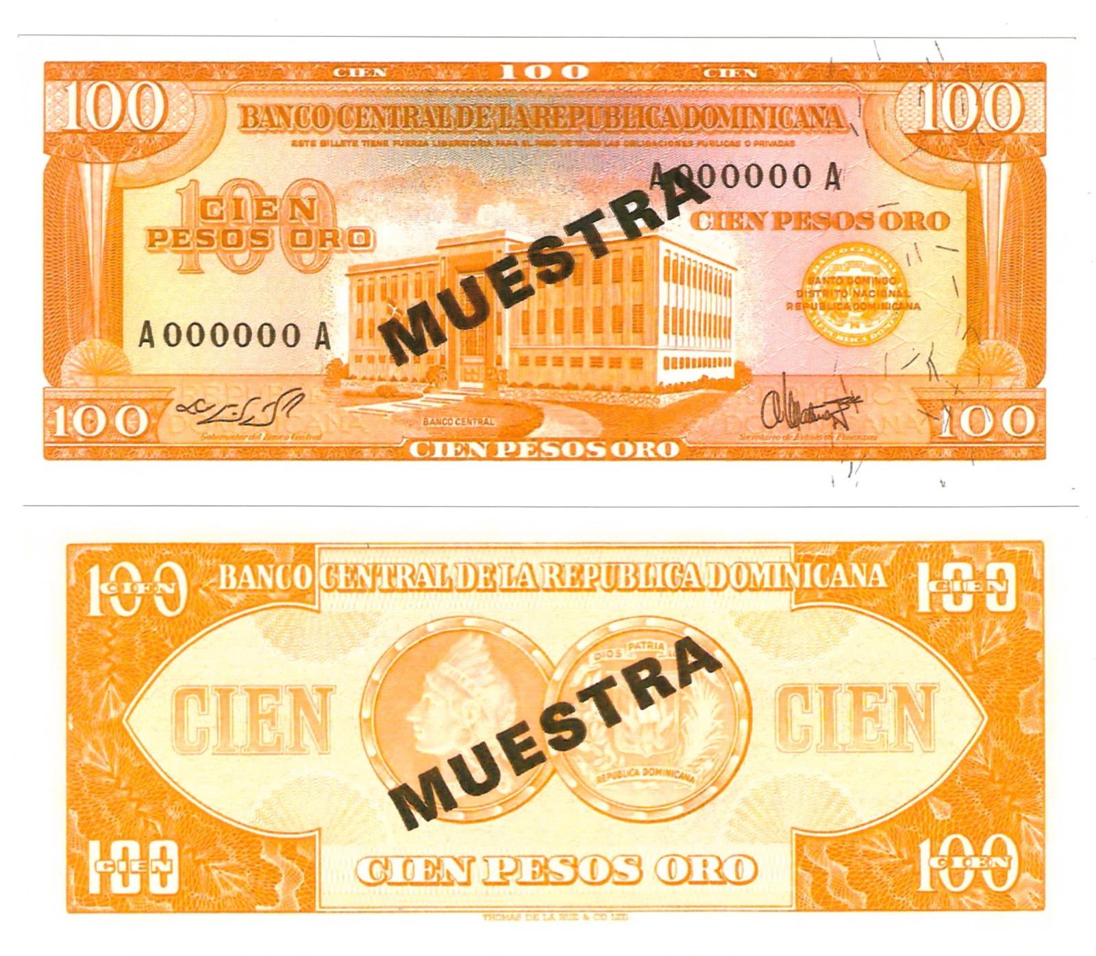 u Reproduction Dominican Republic 100 Pesos Oro 1964-74 SPECIMEN Pick #10s 5554R