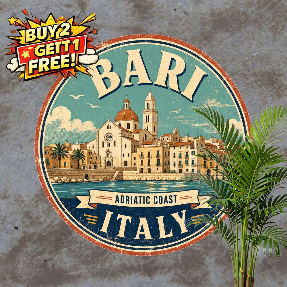 Bari Italy Scratch Style Round Metal Sign Travel Wall Decor Plaque 8x8