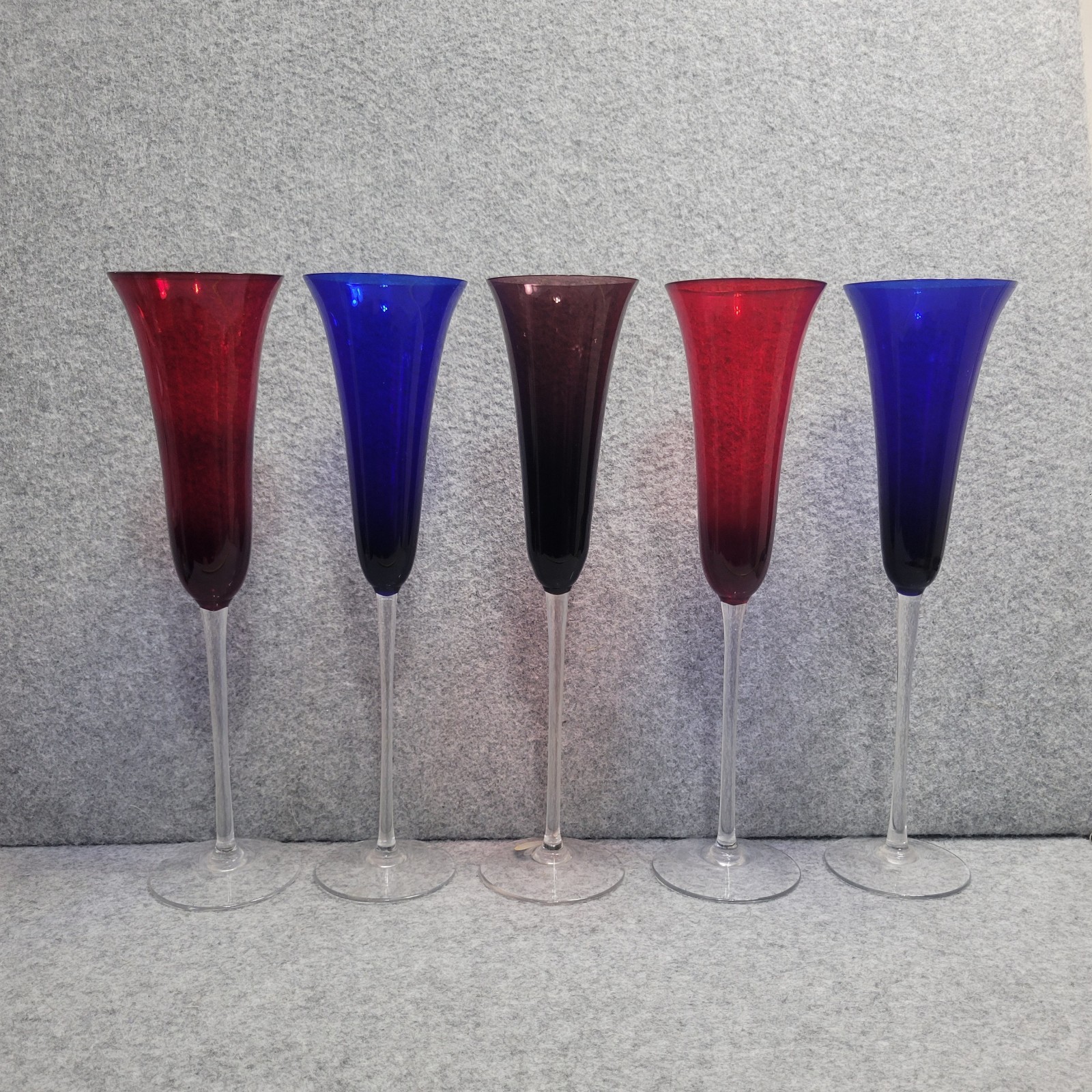 VTG Bohemia Czech Republic Champagne Flutes 5 Red Blue Purple Hand Blown Glass VTG Bohemia Czech Republic Champagne Flutes 5 Red Blue Purple Hand Blown Glass