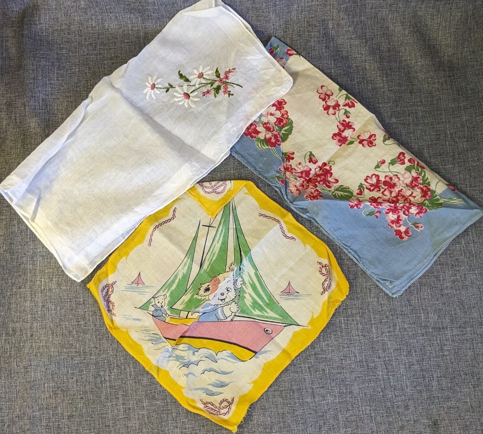Vintage Handkerchief Lot of 3 Embroider Daisy Floral Novelty Sailboat Bear Hanky