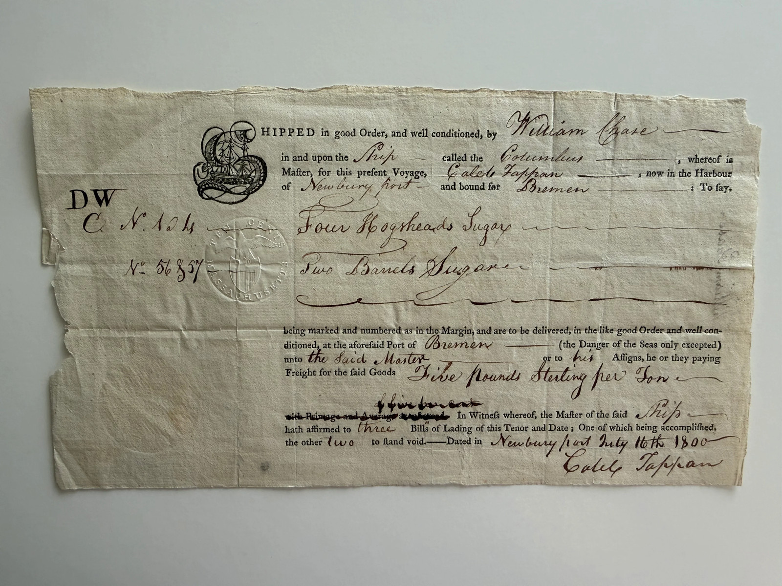1800 Newburyport Massachusetts Bill of Lading – Ship Columbus – Captain Caleb