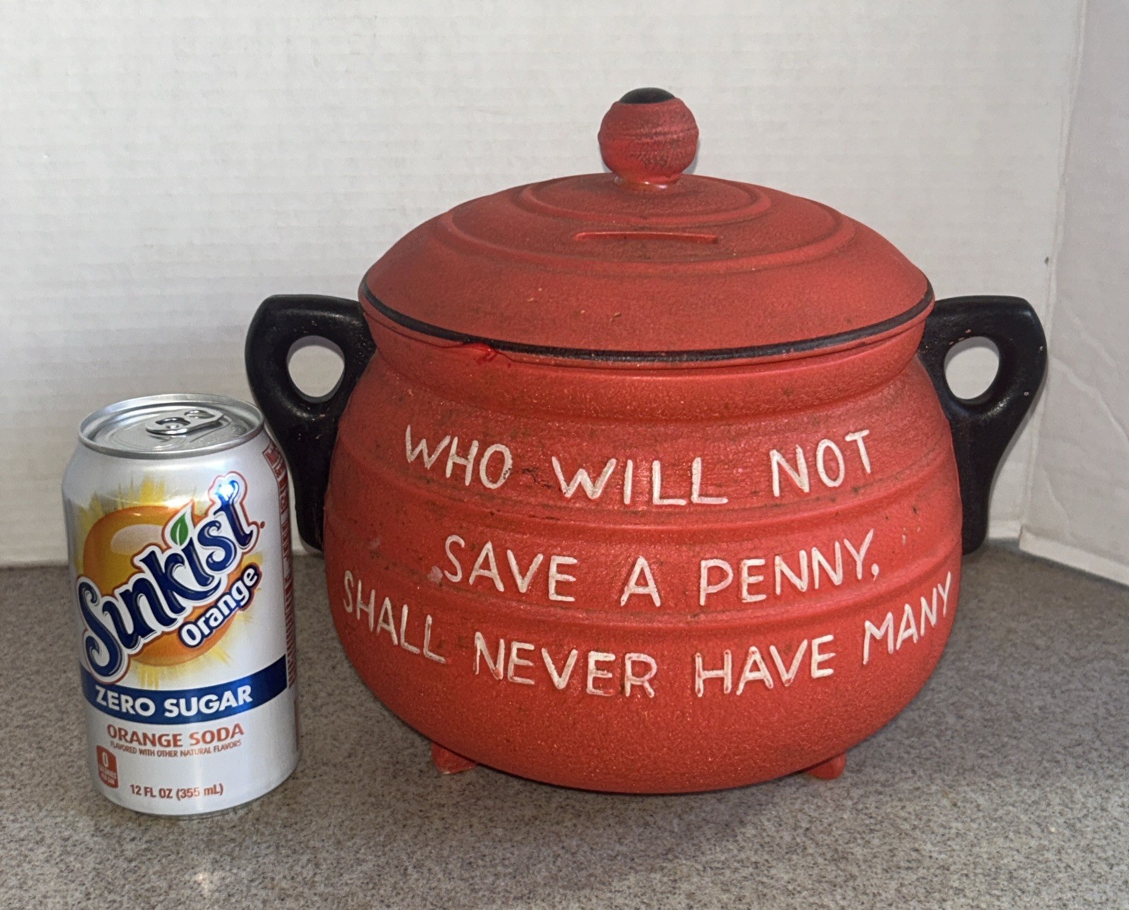 Vintage Large “Penny Pot” Red Kettle Coin Bank, WHO WILL NOT SAVE A PENNY