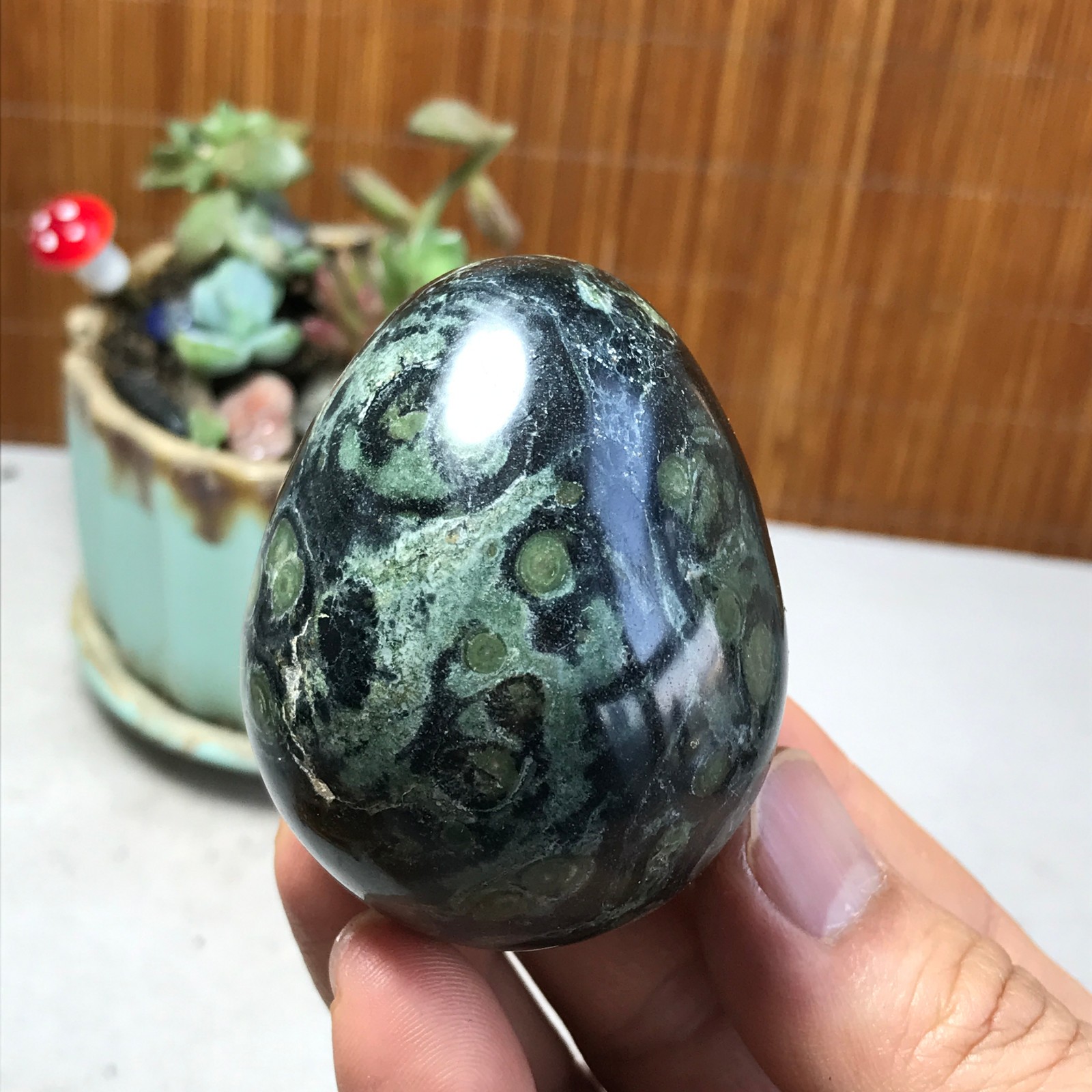 59mm NATURAL Green Kambaba jasper sphere egg quartz Crystal Healing 169g A5207