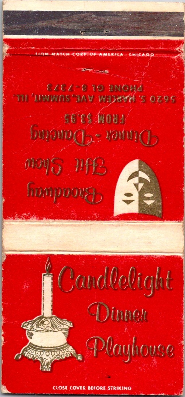 Candlelight Dinner Playhouse Harlem Av Summit IL Vintage Matchbook Cover 4MM15-4