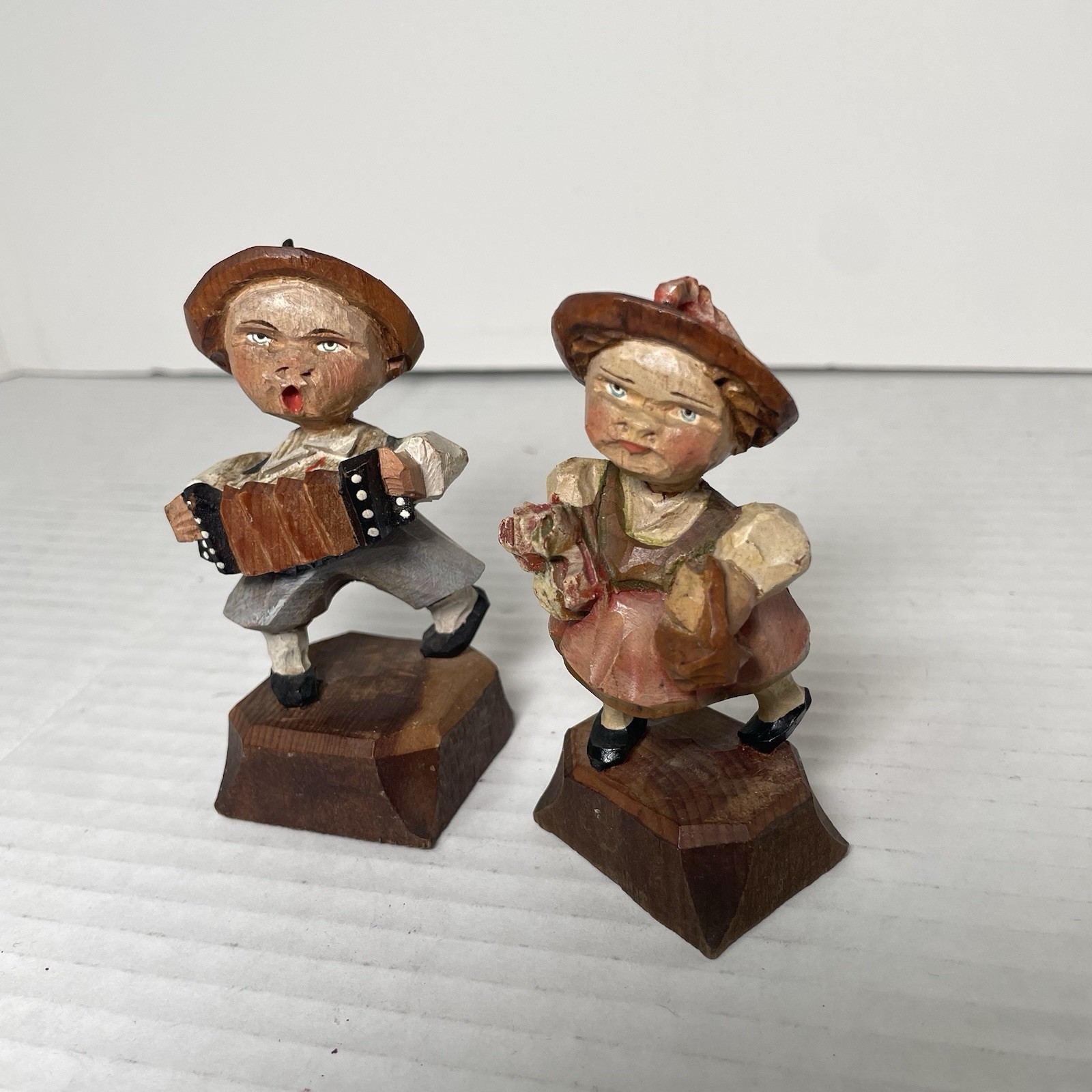 Vintage Anri Wood Carved Painted Alpine Girl & Boy Figurines  w/Accordion 2.75”