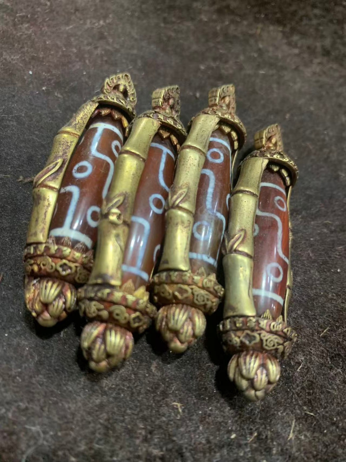 4Pcs Rare Tibetan Brass Inlay Agate Dzi *9Eyed* Bead Pendants 