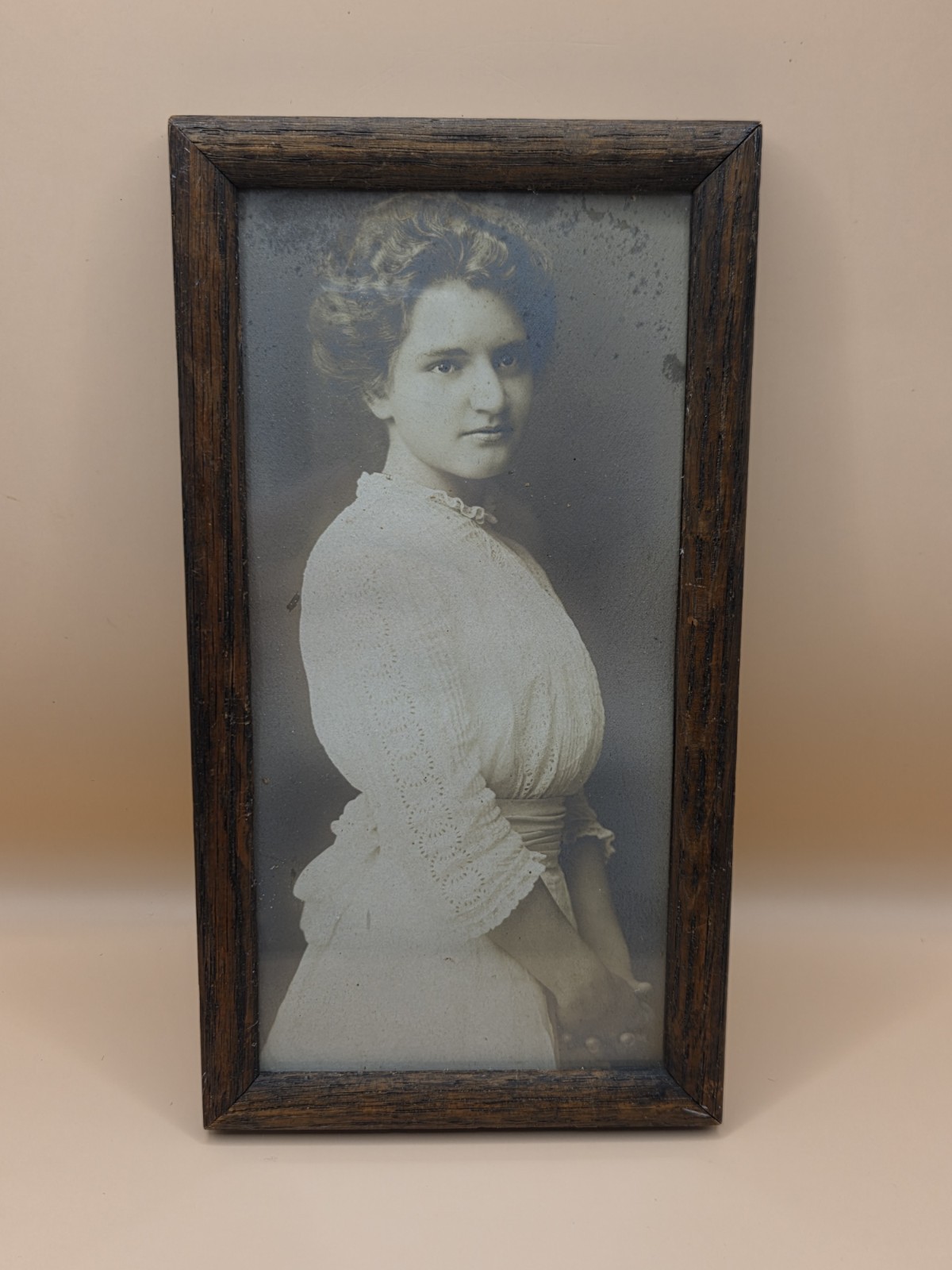 Antique 1910 Edwardian Wooden Framed Portrait Photo Woman 8.5x4.5 Inches
