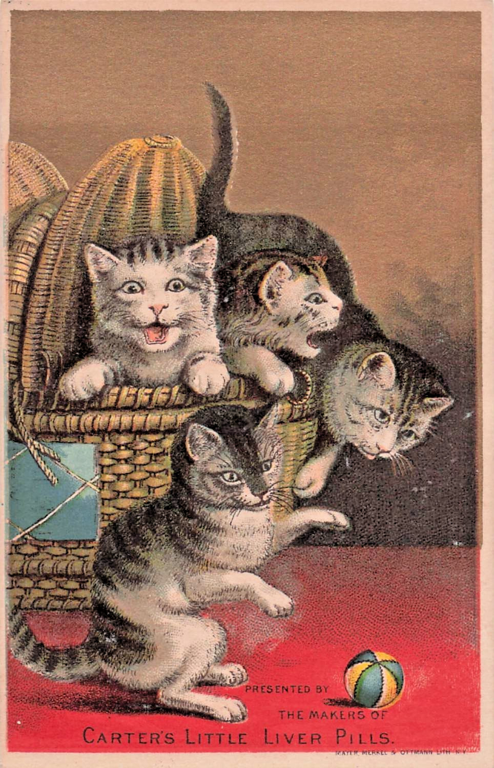 1880\'s Carter\'s Little Liver Pills Trade Card Kittens Cats Playing Ball