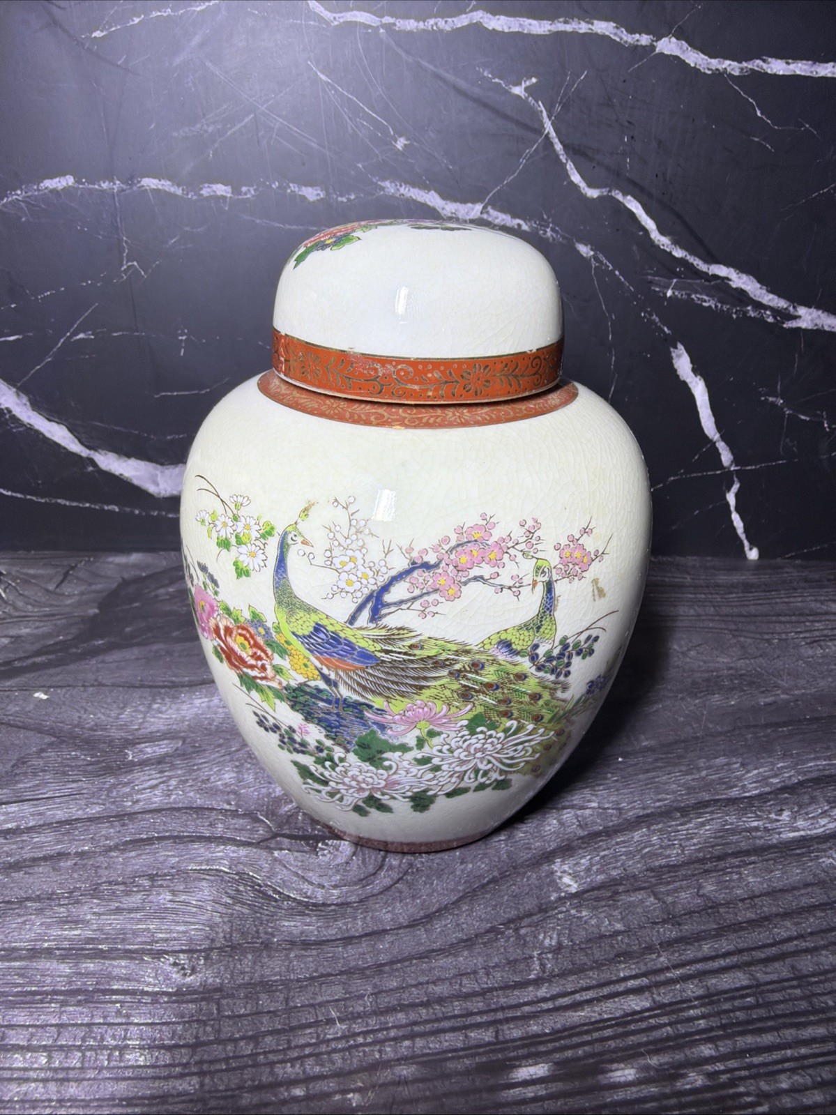 Vintage 1979 Arnart Satsuma Ginger Jar Peacock Vase Japan Lidded 5\