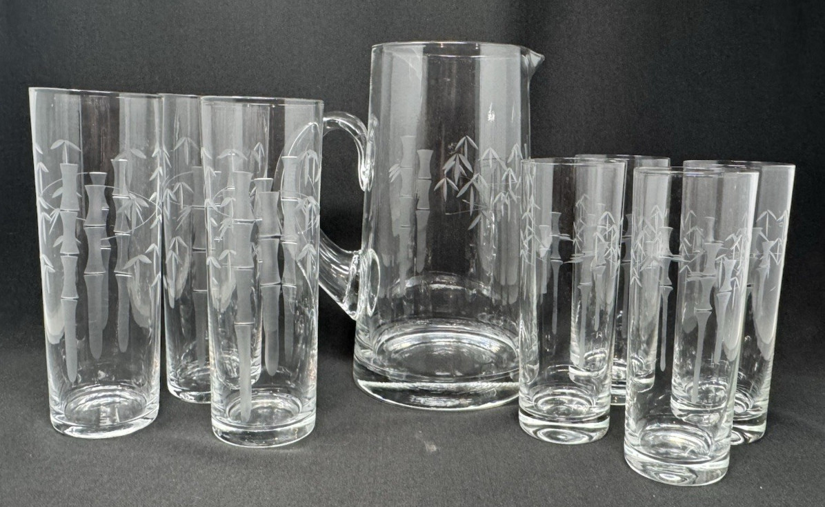 Vintage Noritake Sasaki Etched Bamboo 8pc Set Pitcher & Tumbler Glasses