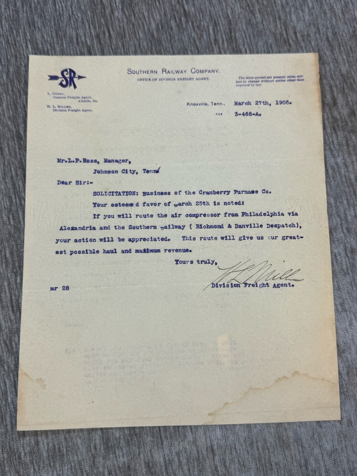 Antique 1905 Southern Railway Knoxville TN Railroad Letter Cranberry Furnace USA