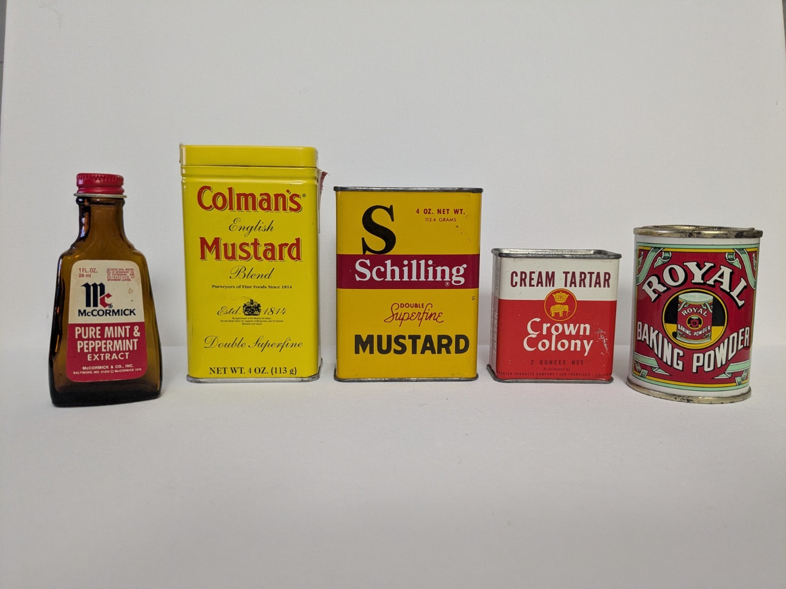 Vintage Schilling/Colman/ Crown Colony/ McCormick Spice Tins Lot - Set of 5 Vintage Schilling/Colman/ Crown Colony/ McCormick Spice Tins Lot - Set of 5