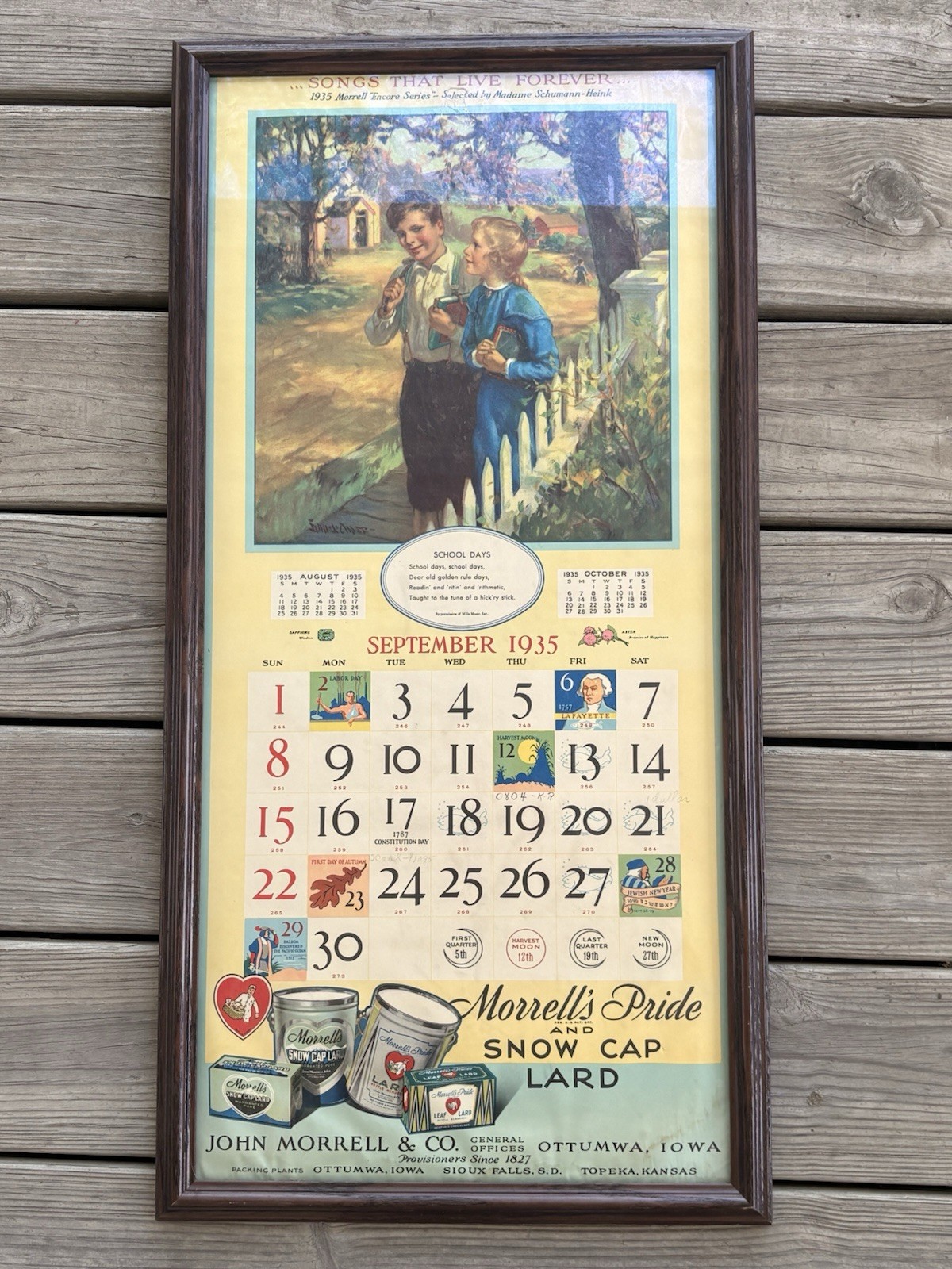 1935 John Morrell Pride Snow Lard Advertising Calendar Ottumwa Iowa Framed 31x15