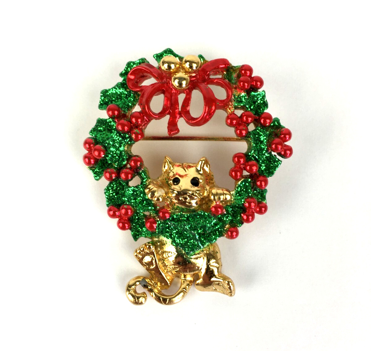 Christmas Brooch Wreath AJC Kitty Cat Gold Tone Rhinestone Vintage Jewelry MINT