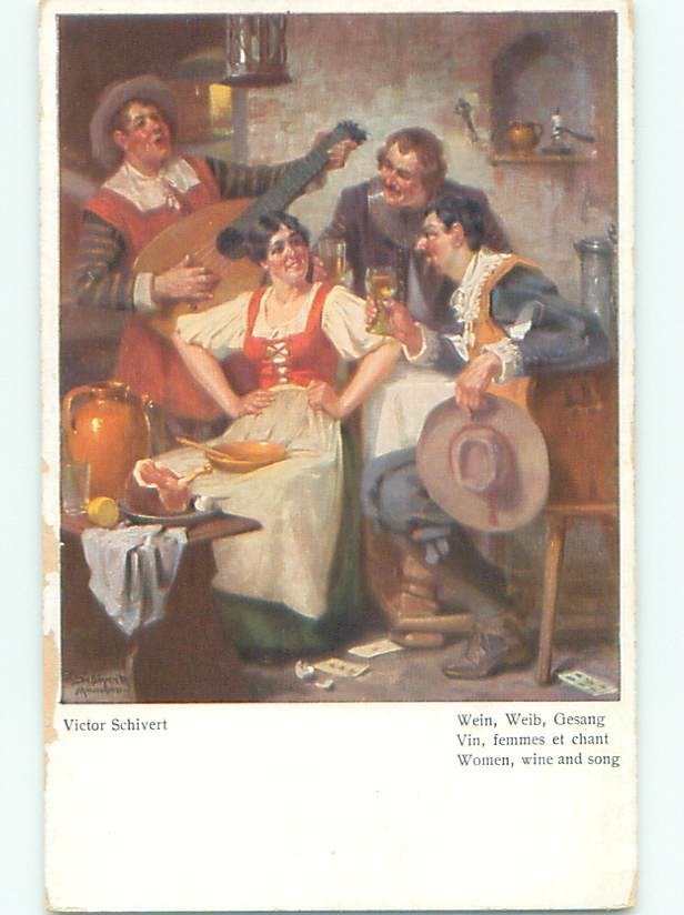 foreign c1910 Music signed MAN PLAYS ANTIQUE GUITAR FOR PEOPLE DRINKING AC3285