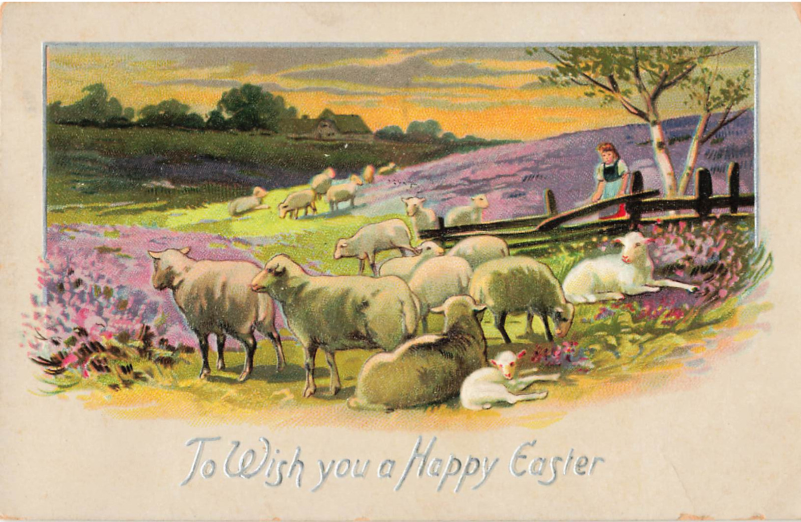 c1910\'s Easter Woman Farm Scene Sheep Flowers Embossed Tuck Antique Postcard