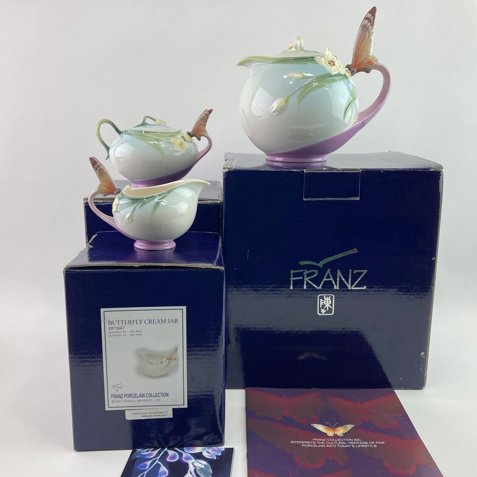 Franz Porcelain Butterfly Tea Set Teapot Cream Creamer Sugar Jar w/ Original Box