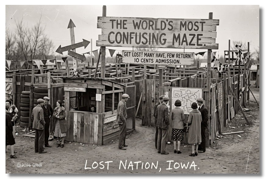Vintage‑STYLE  ART 1930s RPPC-MOST CONFUSING MAZE-LOST NATION IOWA-FAUX PHOTO