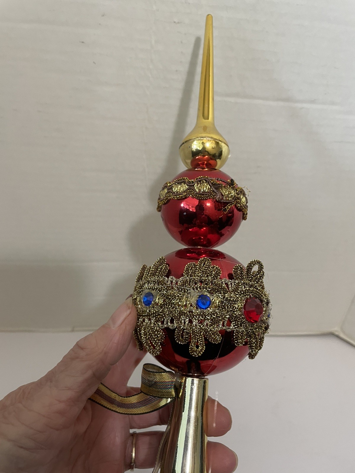 VTG. RED FINIAL PLASTIC TREE TOPPER BEJEWELED RHINESTONES