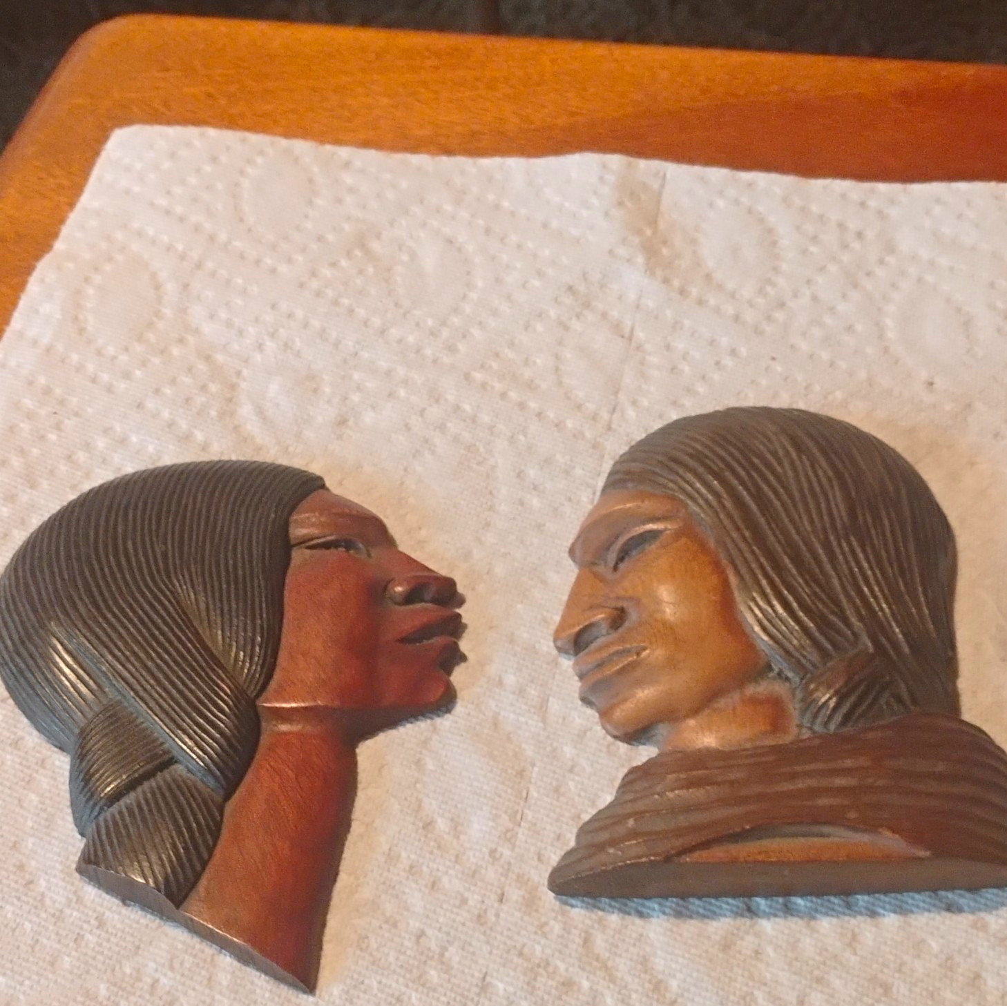 PAIR HAND CARVED WOOD WALL HANGING RELIEF NATIVE AMERICAN MAN & WOMAN 