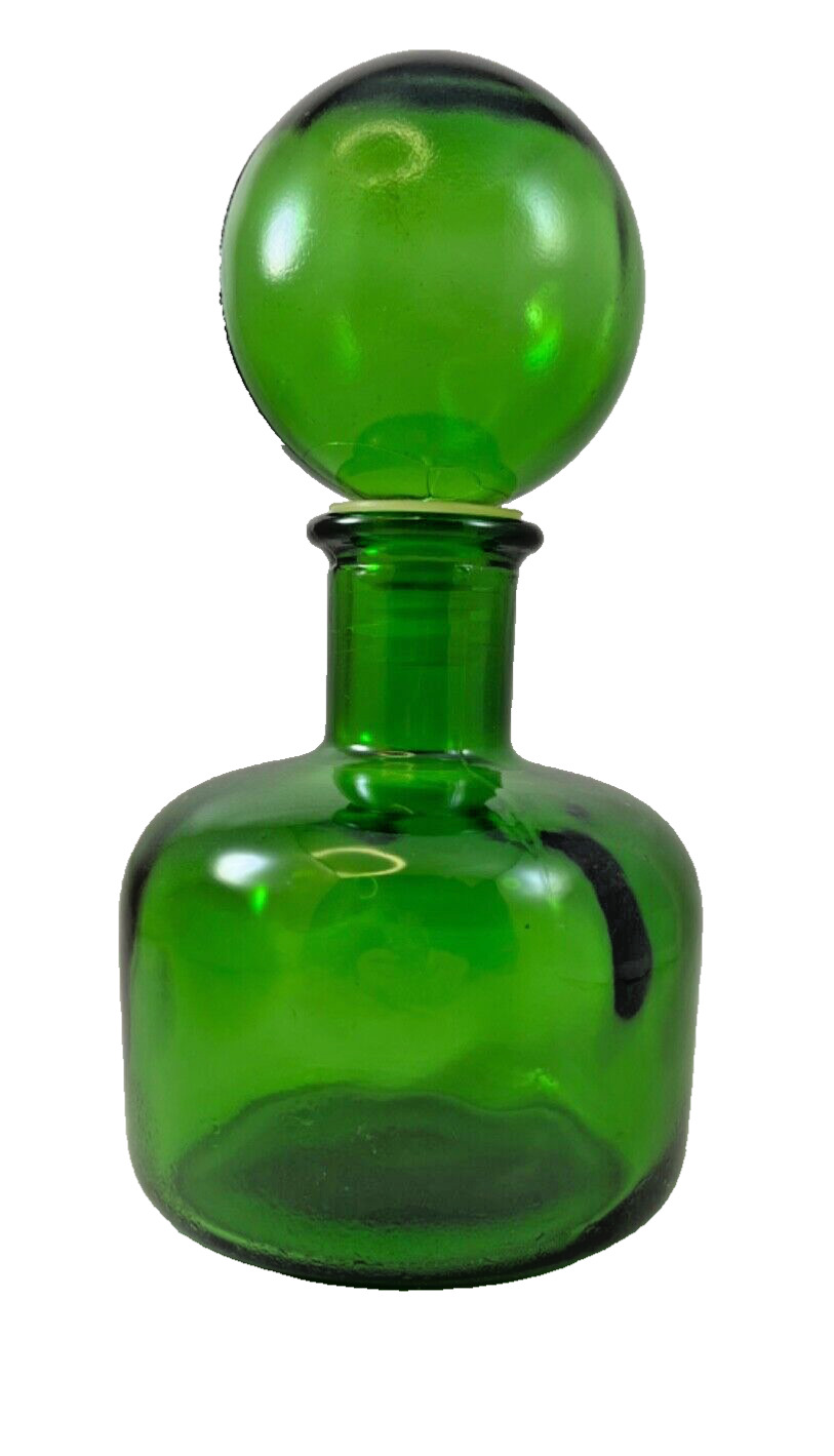 Vintage Green Glass Bottle Decanter with Round Stopper Vetreria Etrusca Italy