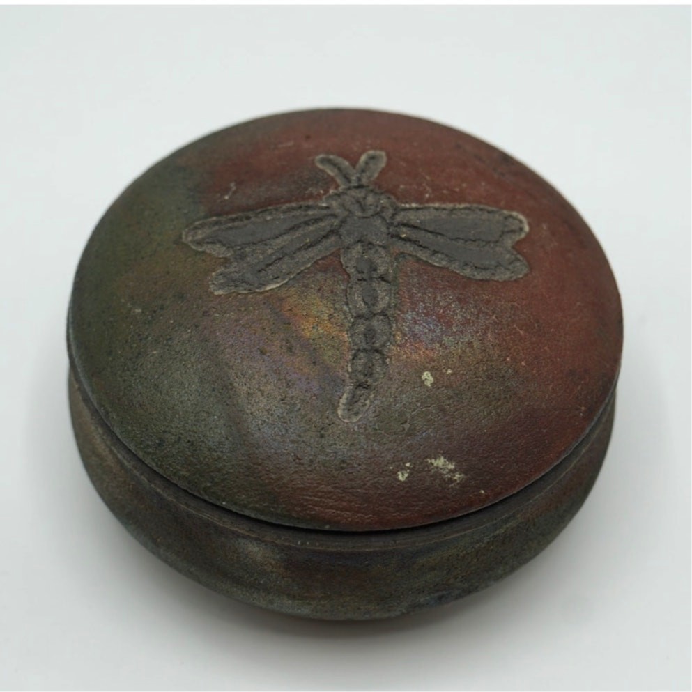 Handmade Raku Pottery Trinket Box w/ Dragonfly Design