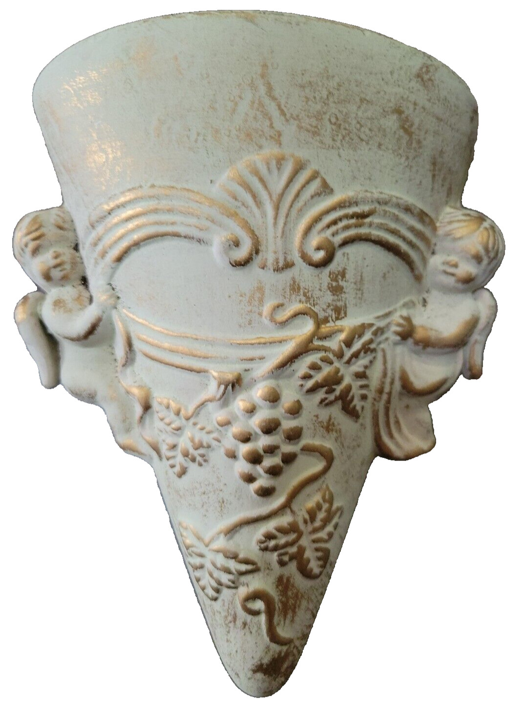 Pottery Wall Pocket Vase White Green Gold Distressed Cherubs Grapevine Vtg 9x7x3 Pottery Wall Pocket Vase White Green Gold Distressed Cherubs Grapevine Vtg 9x7x3