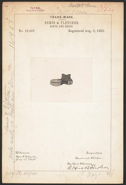 Photo:Bemis Fletcher Boots Shoes Trademark Registration 1889 Shoe Logo