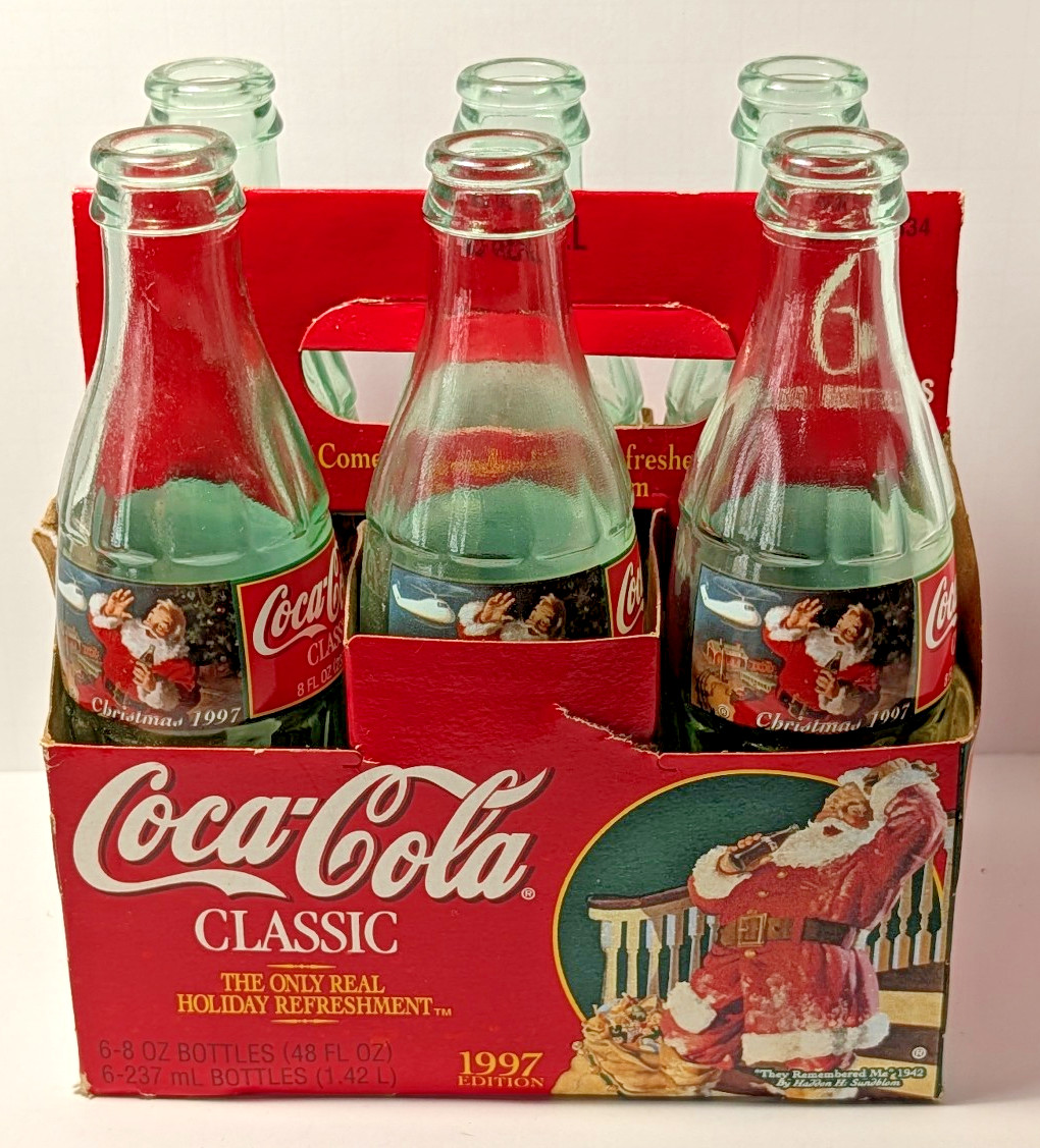 VTG 1997 Coca-Cola Christmas Edition 6-Bottle Set with Carrier - Holiday Santa