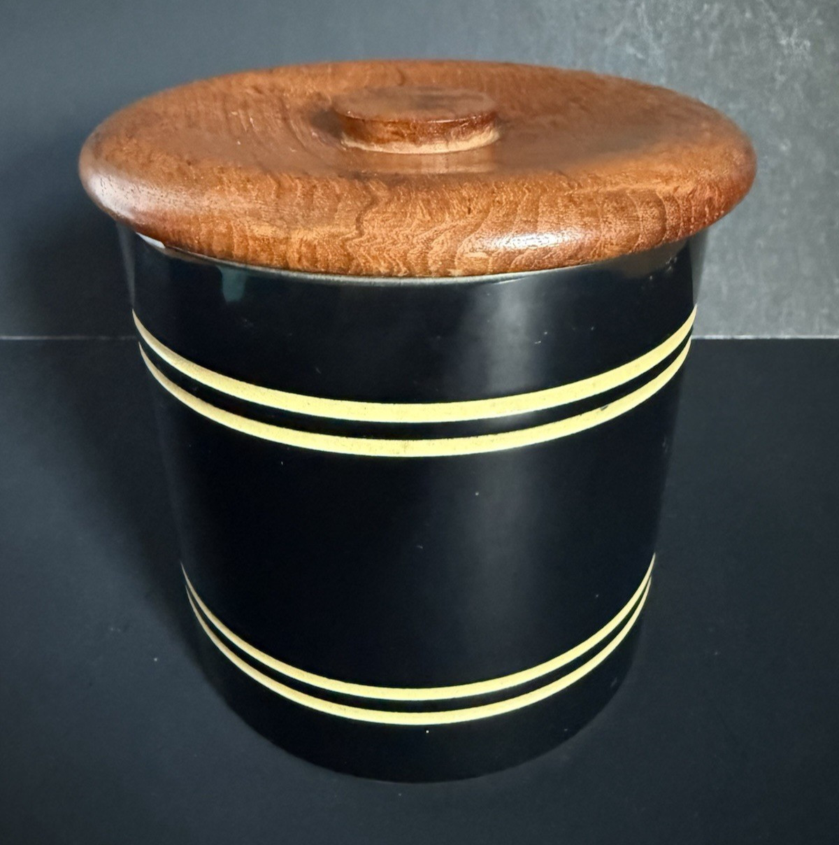 MCM Swedish Teak & Black Ceramic Canister By Akta Teak Ab Karl Holmberg MCM Swedish Teak & Black Ceramic Canister By Akta Teak Ab Karl Holmberg