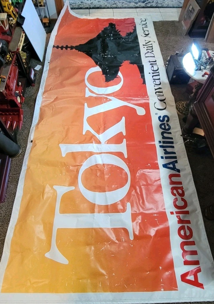 Vintage American Airlines Tokyo Banner Sign Advertising Daily Service 10x4 1991
