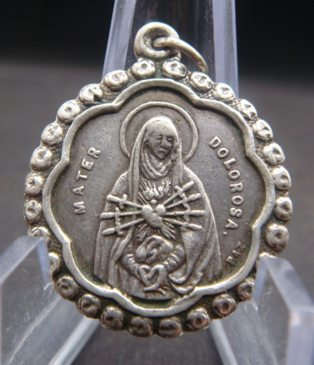 Antique Mater Dolorosa Silvered Medal Our Lady of Sorrows Seven Swords Pendant